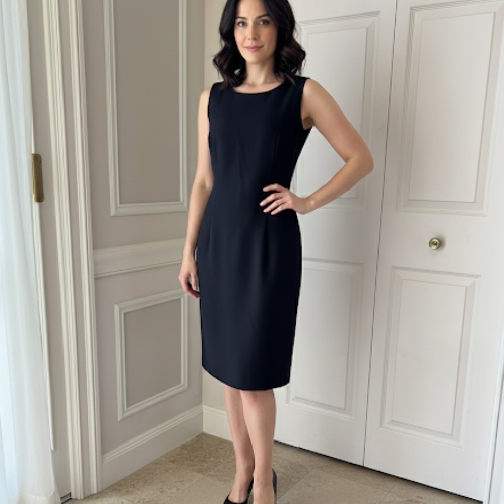Vintage Margo Moore Black Crepe Sheath Dress Cross Back LBD Midi S Formal MOTB